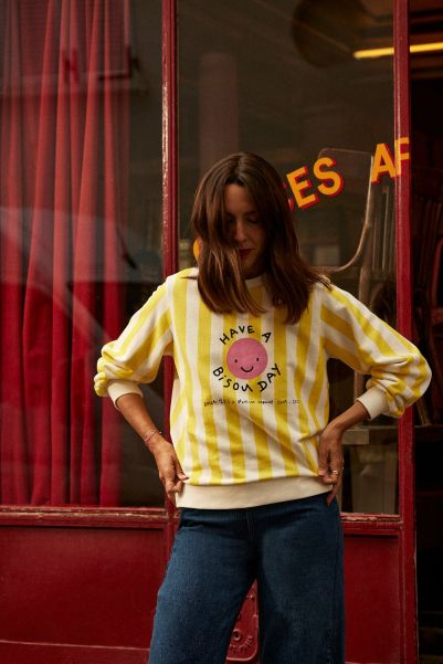 Balzac Paris Sweat-Shirt Anvers Bisous Day Rayures Jaune Women Clearance Yellow Sweatshirts